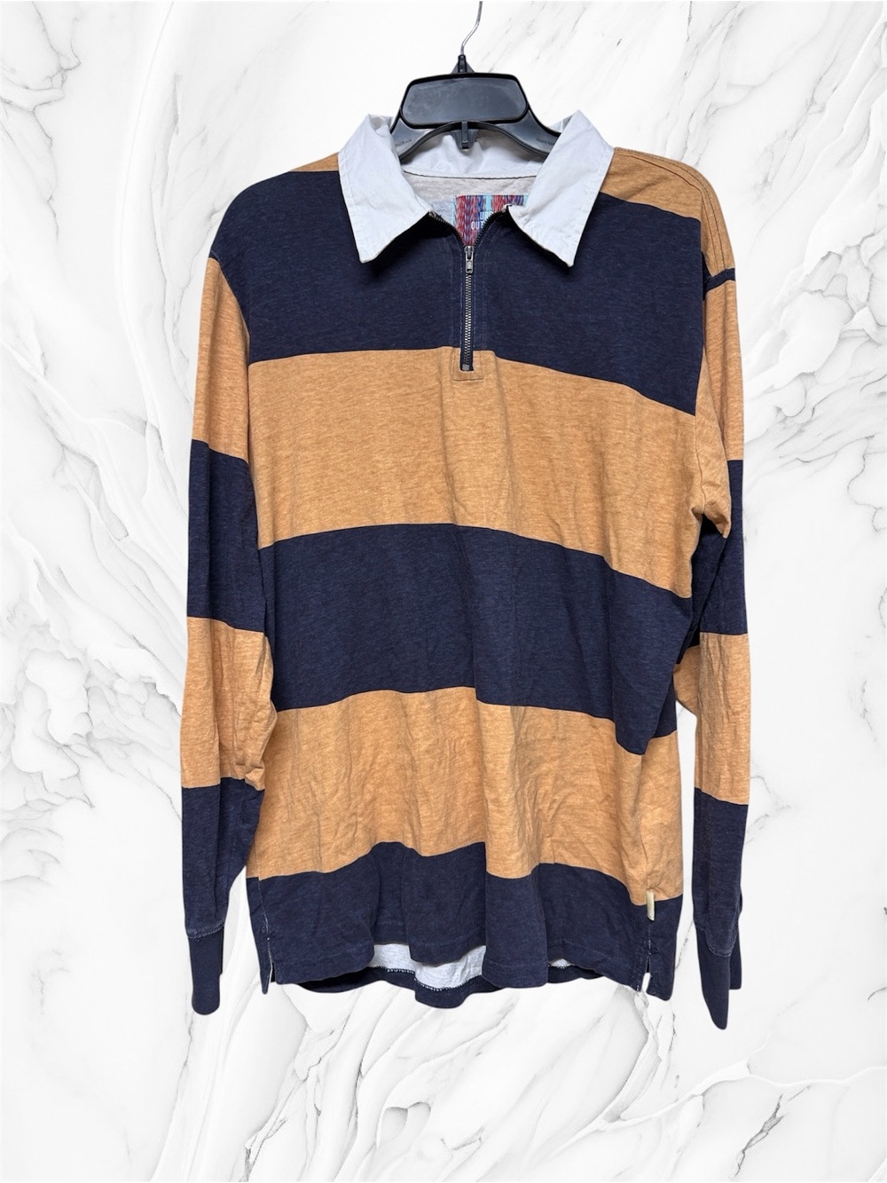 Urban Outfitters Striped Half-Zip Rugby shirt Navy & Tan small